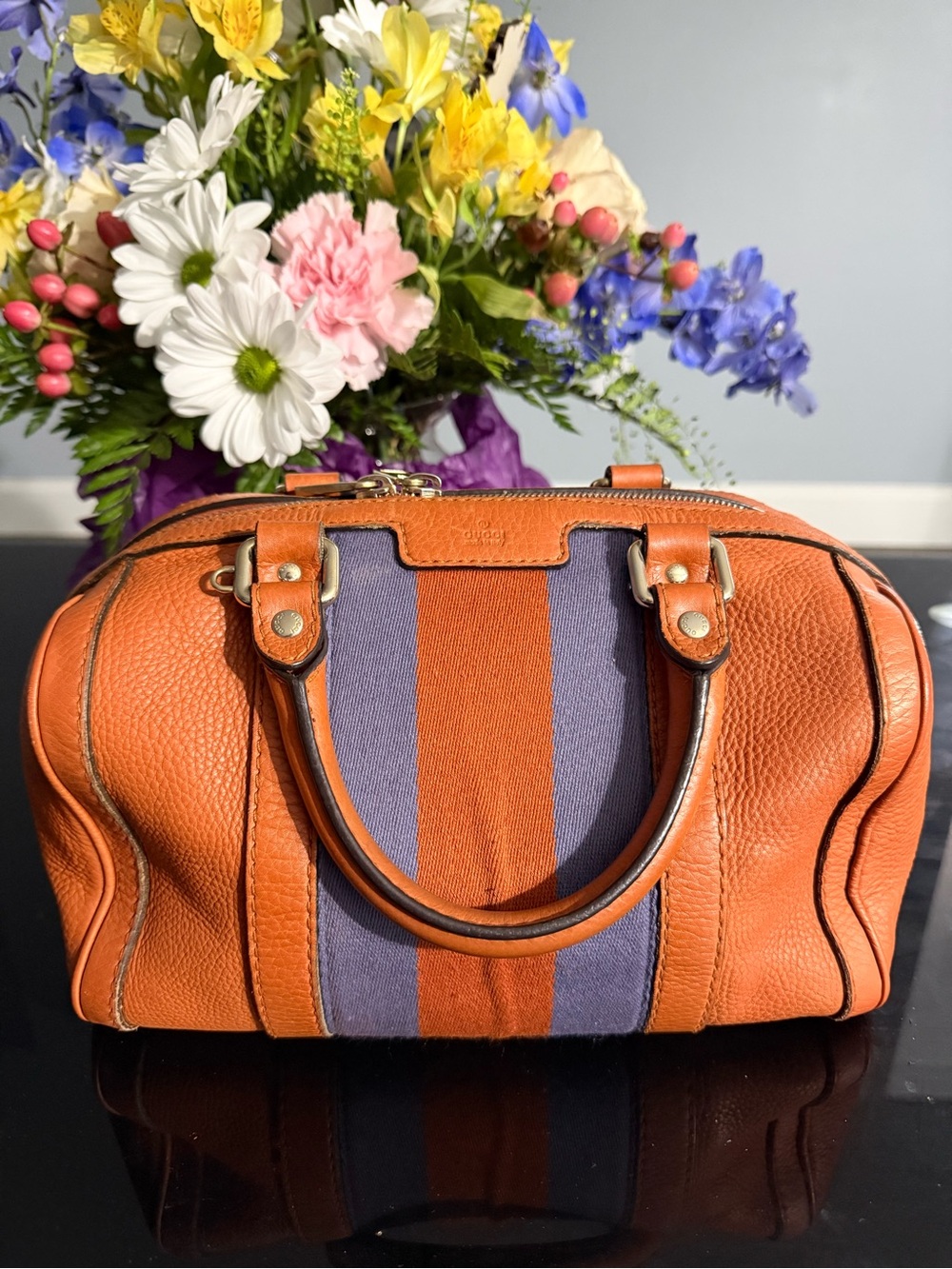Gucci Orange and Purple Canvas-Striped Leather Satchel